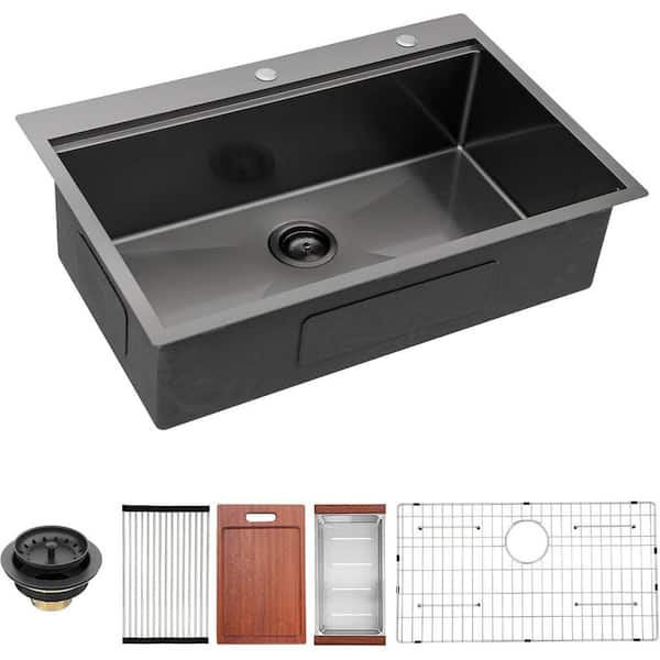 33 in. Drop-In/Topmount Single Bowl 16 Gauge Gunmetal Black Stainless Steel Kitchen Sink with Accessories