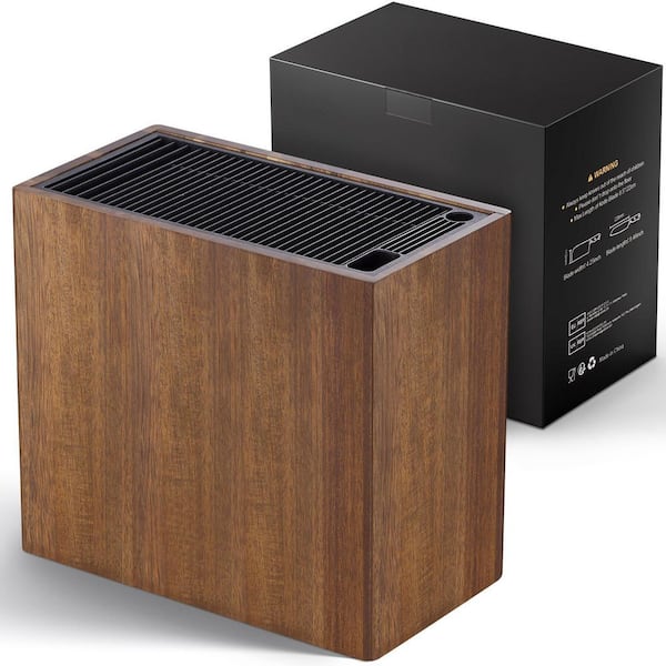 26-Knife Classic Acacia Wood, Food-Grade Plastic Knife Block with Double Parallel Slots, Anti-Slip Base, Drain Holes