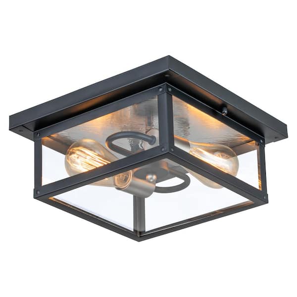 C Cattleya 11.5 in. 2-Lights Black Flush Mount with Bulbs and Clear Tempered Glass Panes