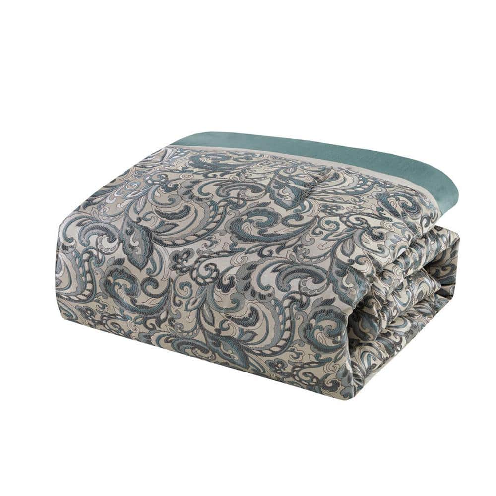 Teal and Gray Floral Motif California King Bedding Set