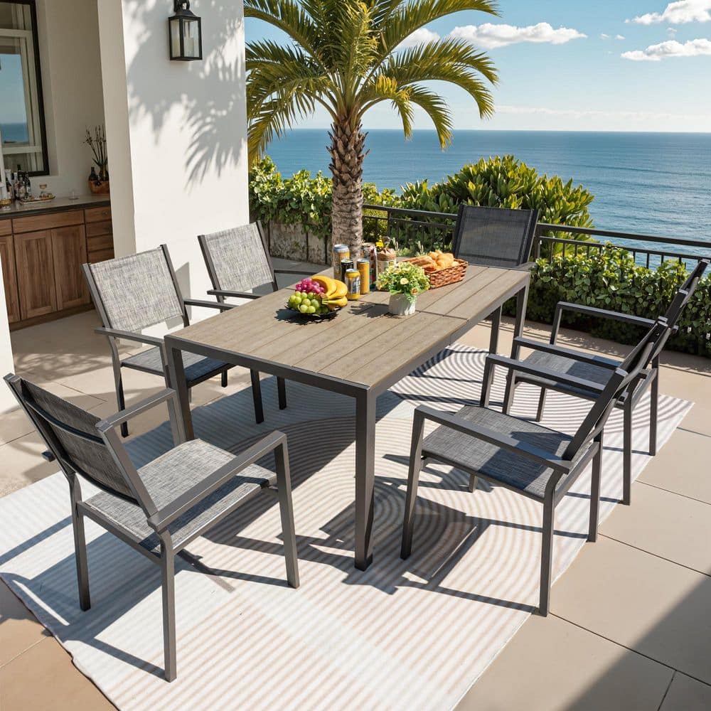 Tozey Alfresco Gray 7-Piece Metal Rectangle Outdoor Dining Set T
