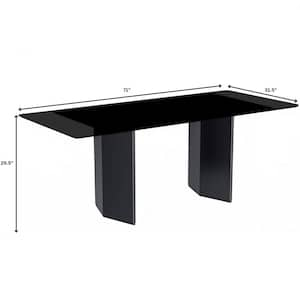 Lior Dining Table 71 in. Rectangular Kitchen Table Furniture with Double Pedestal Black Steel Legs for in Black Seats 8