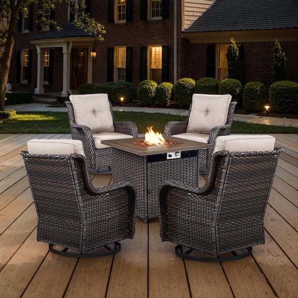 Opohoro Brown 5-Piece Wicker Patio Fire Pit Set, Outdoor 4-Person Seating Set with Olefin Beige Cushions and Swivel Rockers
