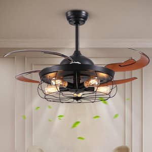 48 in. Indoor Industrial Farmhouse Black Caged Retractable Ceiling Fan with Remote and Light Kit Included