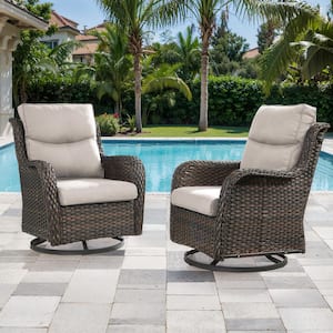 Brown Swivel Glider Wicker Outdoor Rocking Chair with Beige Cushions (2-Pack)