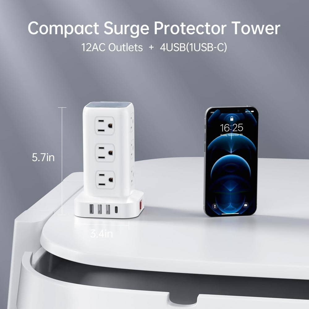 White Tower Power Strip Surge Protector with 12 Outlets and 4 USB Ports