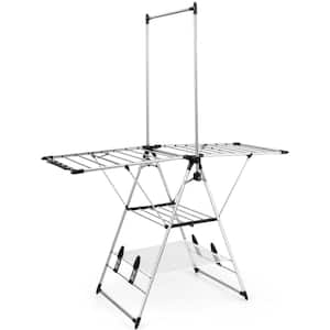 2-Layer Gray Metal Free Standing Foldable Drying Rack w/Hanging Bar & 2 Height-adjustable Wings