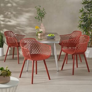 Poppy Red Patterned Resin Outdoor Patio Dining Chair (4-Pack)