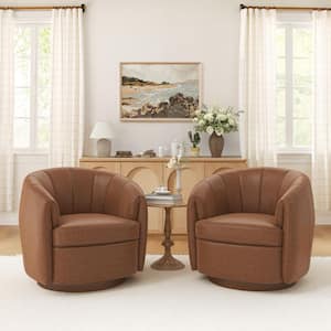 Brown Modern Genuine Leather Swivel Barrel Chair with Solid Wood Base Accent Chairs Set of 2