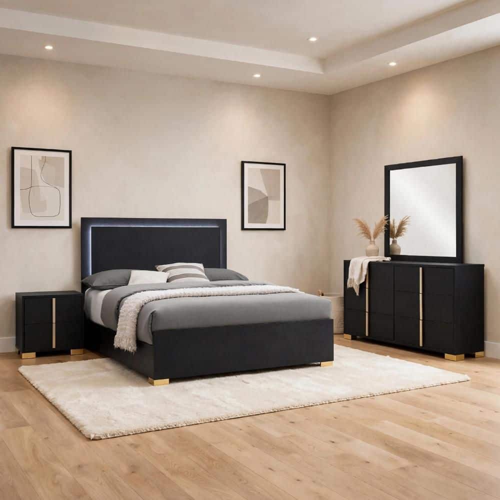 Benjara Dex 4-Piece Black Wood Queen Size Bedroom Set with LED