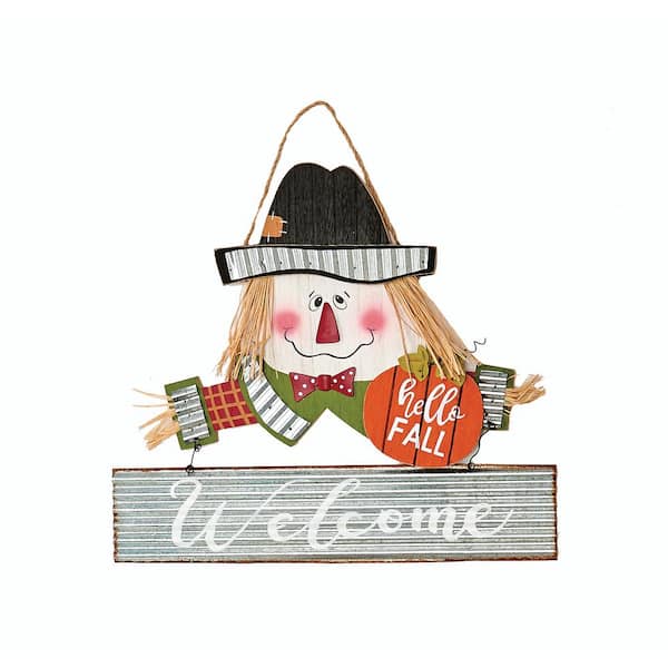 Worth Imports 14 in. Wood/Tin Hanging Fall Scarecrow Sign (Set of 2)