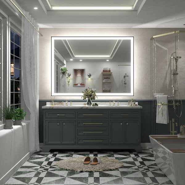 55 in.W x 40 in.H Rectangular Framed UL Certified Front and Back LED Anti-Fog Tempered Glass Wall Bathroom Vanity Mirror