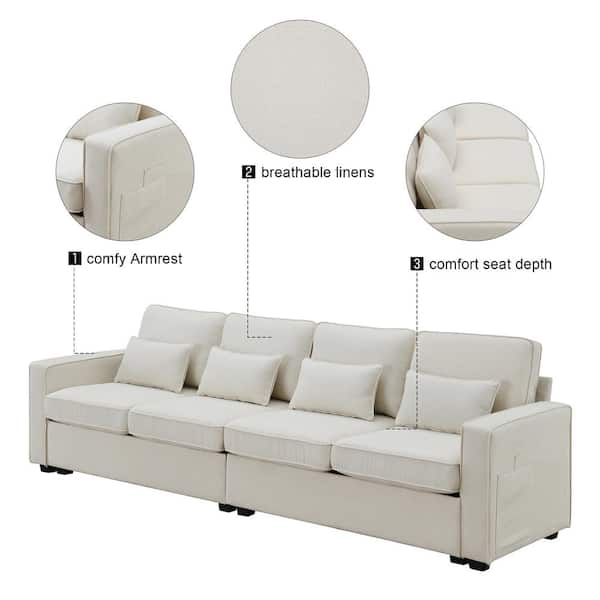 88.5 in. W Square Arm 3-Seats Linen Sofa with Removable Back, Seat CUS