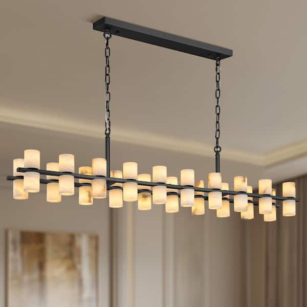 54 in. 40-Light Black Rectangular Chandelier, Modern Alabaster Chandelier for Dining Room, Living Room, Kitchen Island
