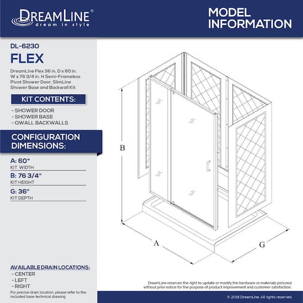 Flex 60 in. x 72 in. Pivot Semi-Frameless Shower Door in Brushed Nickel with 60 in. x 36 in. Base and Wall in White