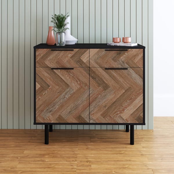 Manhattan Comfort Liam White and Brown Wood Mid-Century Modern Composite Wood 35.43 in. Sideboard with 4-Storage Shelves