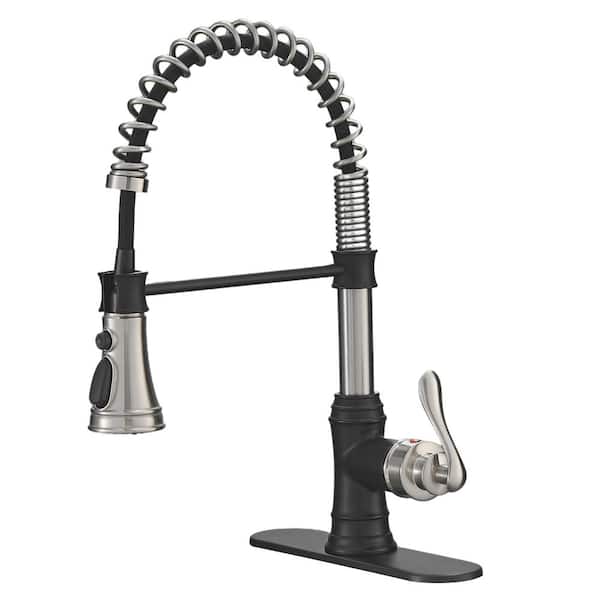 PERLIRIA INC Commercial Spring Single Handle Pull-Down Sprayer Kitchen Faucet with Shield Spray and Deck Plate in Black&Nickel