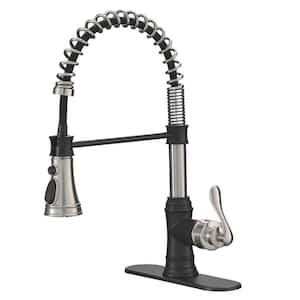 Commercial Spring Single Handle Pull-Down Sprayer Kitchen Faucet with Shield Spray and Deck Plate in Black&Nickel