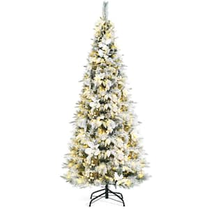 7 ft. White Pre-Lit Snow Flocked PVC and PE Artificial Christmas Tree with Berries and White Poinsettia Flowers