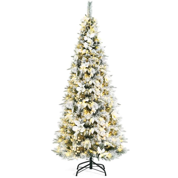 WELLFOR 7 ft. White Pre-Lit Snow Flocked PVC and PE Artificial Christmas Tree with Berries and White Poinsettia Flowers