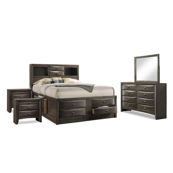 Lanten 5-Piece Gray Wood Frame Queen Platform Bedroom Set with Footboard and Side Rail Drawers, Headboard Bookcase