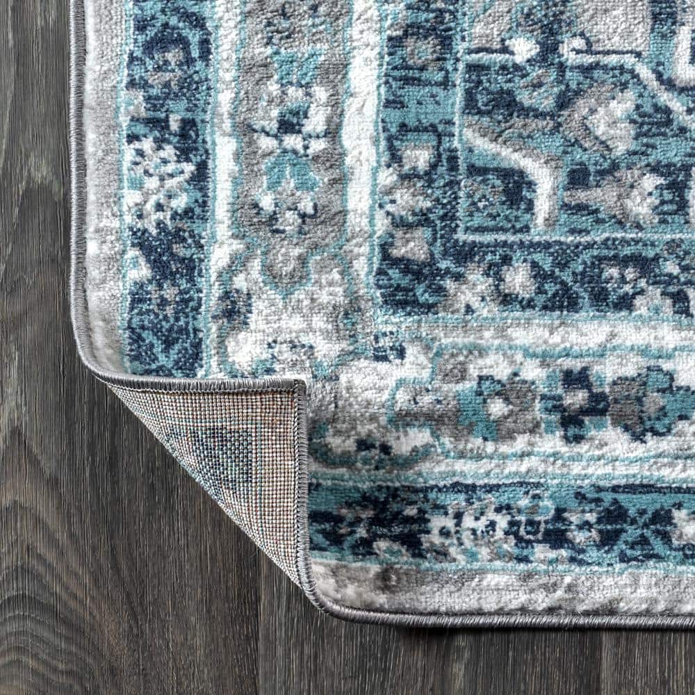 Light Grey and Blue Round Synthetic Reversible Rug