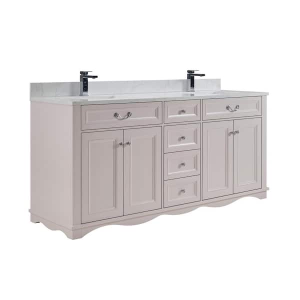 French Contemporary 72 in. Freestanding Dreamy White Bath Vanity with White Artificial Stone Top Assembled Bath Vanity