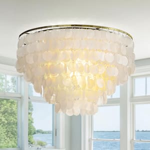 25.6 in. 6-Light Coastal Natural Capiz Shell Tiered Flush Mount Ceiling Light With Antique Gold Metal