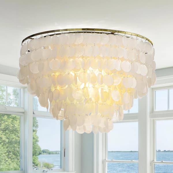 25.6 in. 6-Light Coastal Natural Capiz Shell Tiered Flush Mount Ceiling Light With Antique Gold Metal