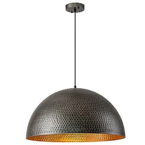 Jan 23.6 in. 1-Light Oversized Industrial Antique Black Gold Leaf Hammered Large Dome Pendant Light with Metal Shade