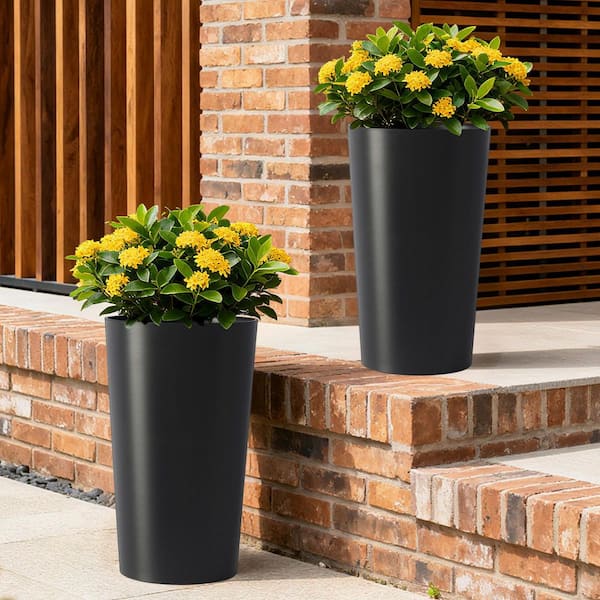 2 Pack Modern Tall Black Plastic Square Big Tapered Matte Planter