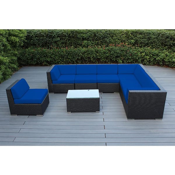 Ohana Depot Ohana Black 8-Piece Wicker Patio Seating Set with Supercrylic Blue Cushions