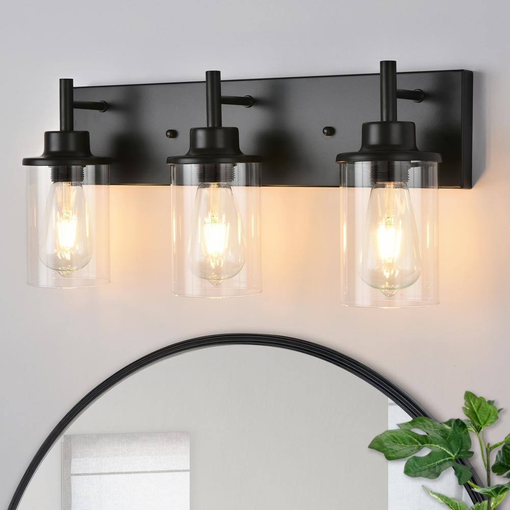 GoYeel 23.62 in. 3 Lights Black Vanity Light with Cylinder Glass Shade