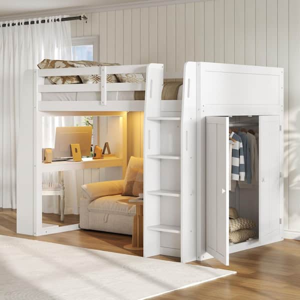 White Full Wood Loft Bed with Built-In Desk, LED Lights, Stair Storage Shelves and Double Door Wardrobe Closet