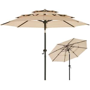 10 ft. 3-Tiers Market Umbrella Outdoor Patio Umbrella with Push Button Tilt Crank Garden, Backyard Pool in Beige