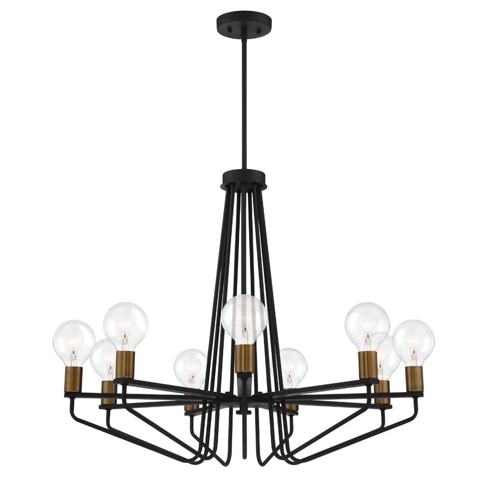 Ravella 27" Black Aluminum 9-Light Industrial Chandelier with Satin Brass Accents