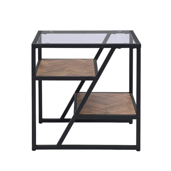 Wateday 21.65 in. Black Square Glass Top Side Table End Table with Storage Shelf