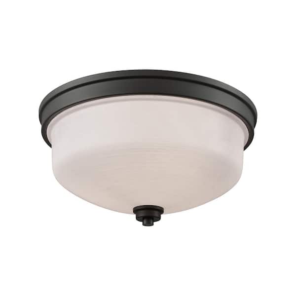 Thomas Lighting Casual Mission 3-Light Oil Rubbed Bronze With White Lined Glass Flushmount
