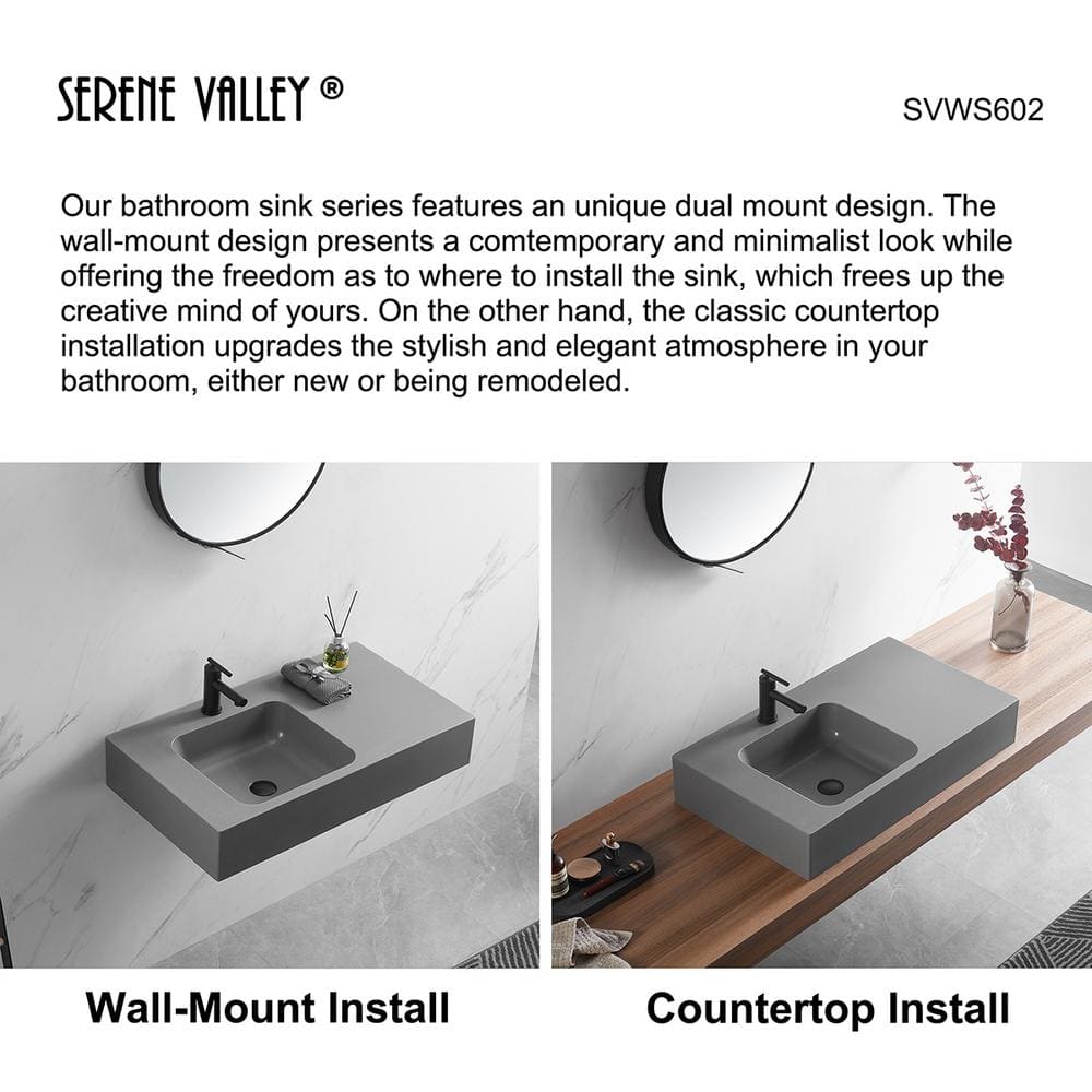 Gray Solid Surface Wall-Mount Rectangular Bathroom Sink