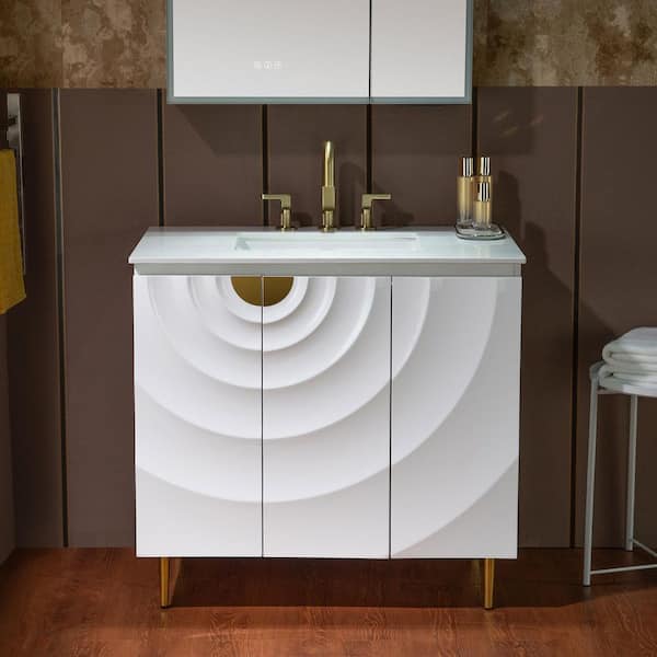 35.88 in. W x 22 in. D Single Sink Freestanding Bath Vanity in White with White Engineered stone Vanity Top