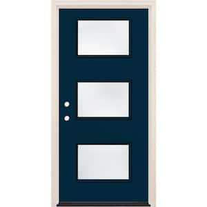 36 in. x 80 in. Right-Hand/Inswing 3-Lite Clear Glass Indigo Painted Fiberglass Prehung Front Door w/6-9/16 in. Frame