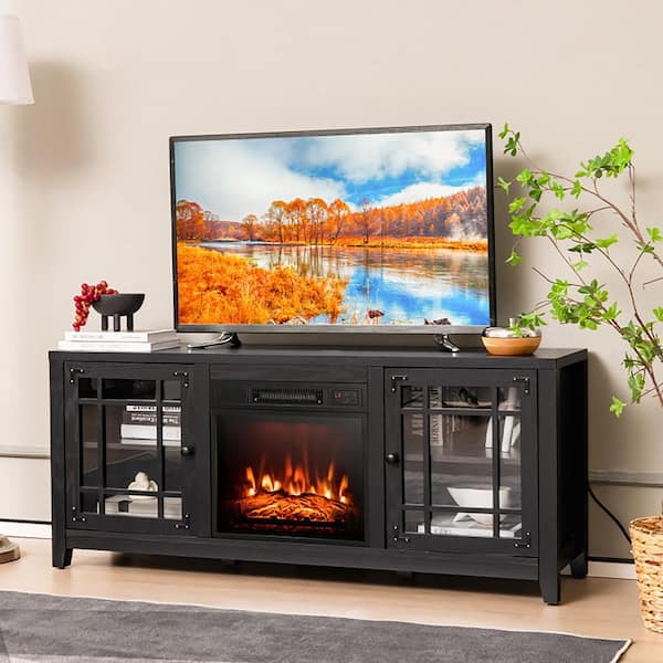 58 in. Freestanding Electric Fireplace TV Stand with Adjustable Shelves Fits TVs up to 65 in. in Black