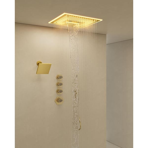 Thermostatic 17-Spray 16 and 6 in. Square LED Mood Lighting Bluetooth Music Shower System with Valve in Brushed Gold