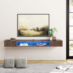Brown Floating TV Stand For 75 inch TV with Storage Shelf and LED Light