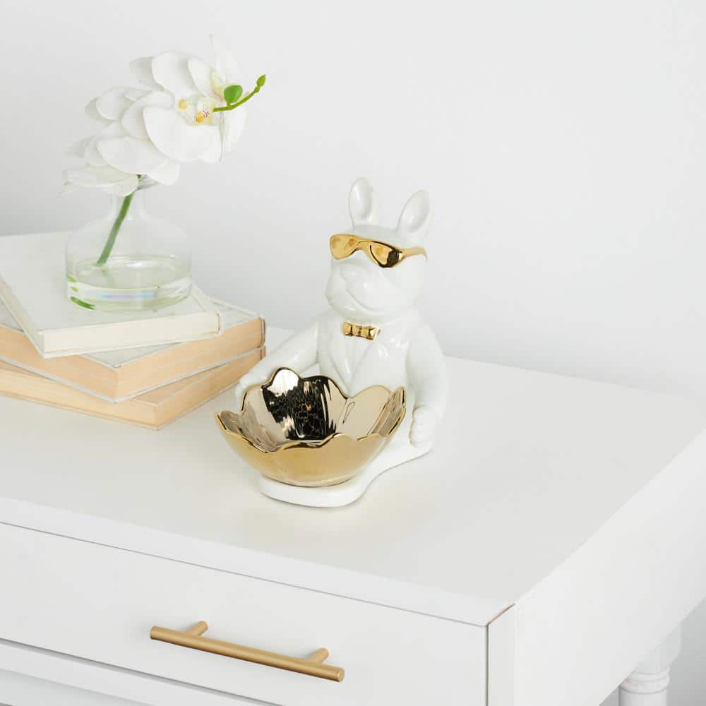 8 in. x 8 in. White Ceramic Bulldog Sculpture with Gold Accents
