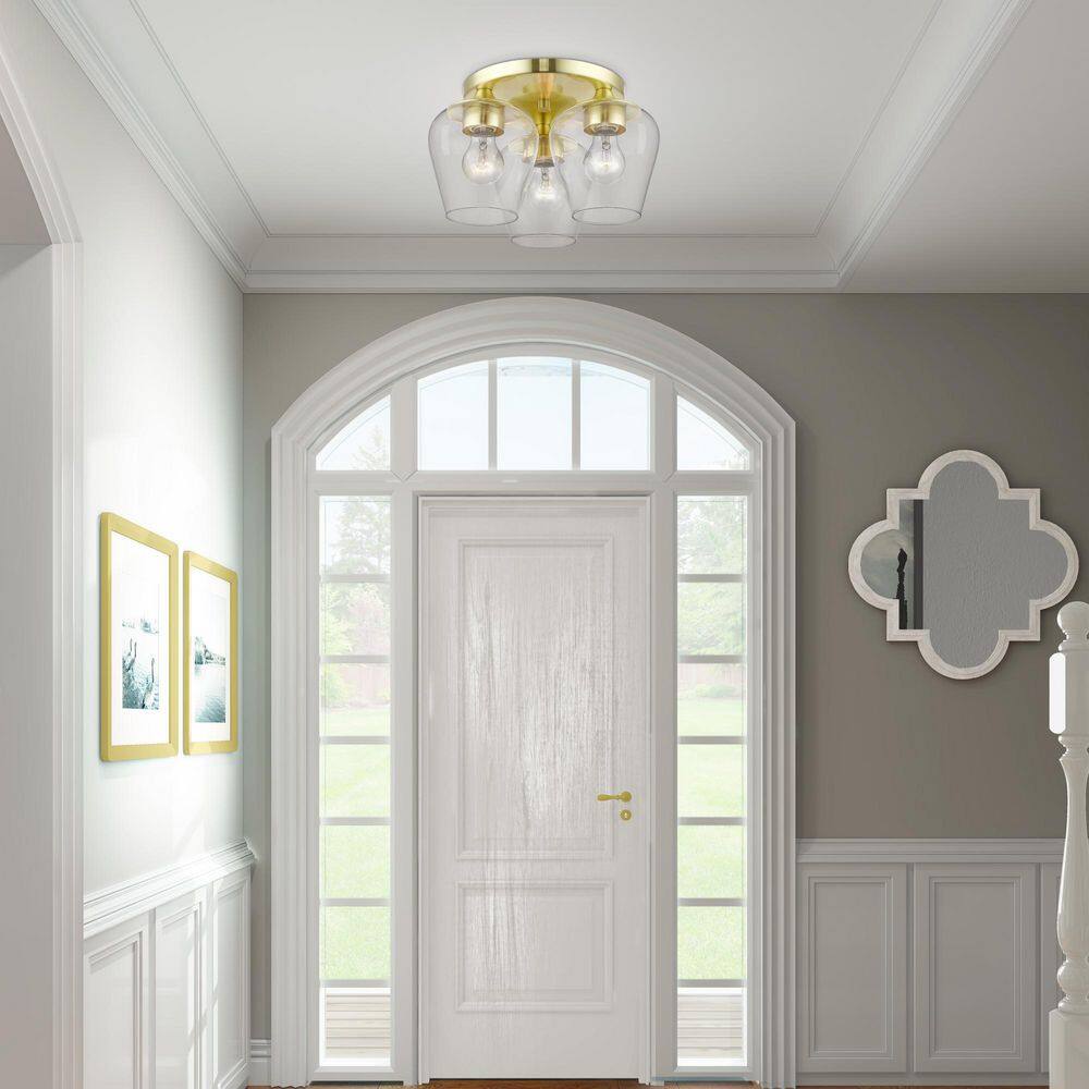 Willow Satin Brass 3-Light Flush Mount with Clear Glass
