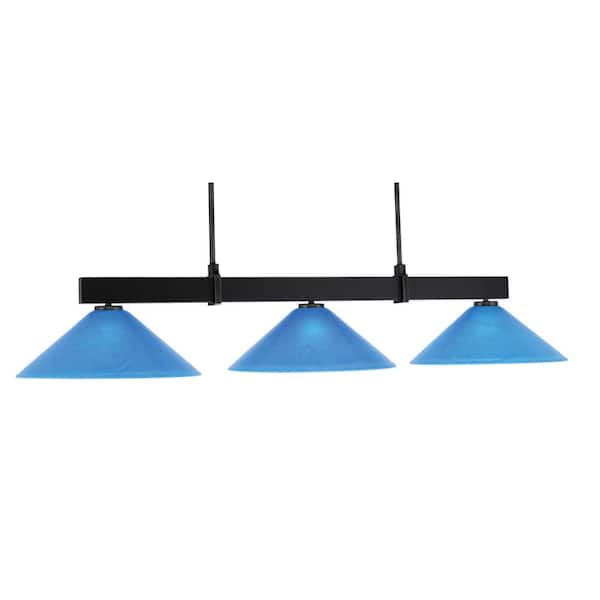 Unbranded Balmore 3-Light Matte Black Billiard Light with 16 in. Blue Italian Glass Shades