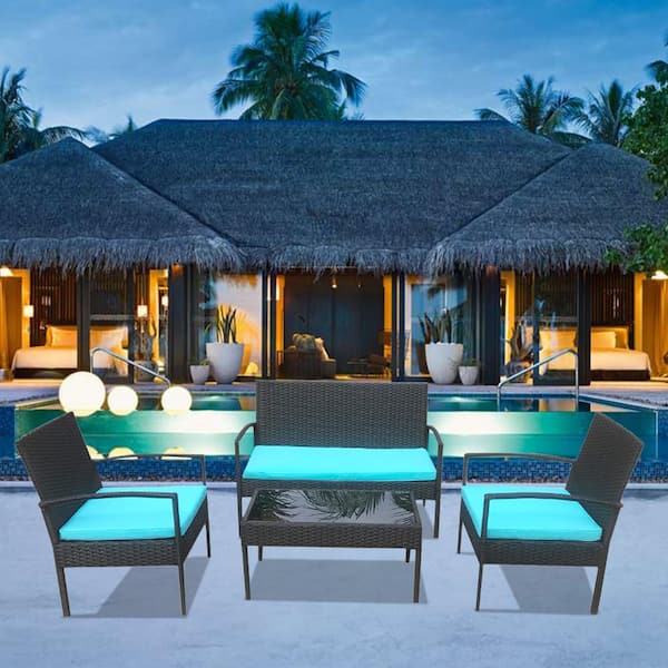 FORCLOVER 4-Piece Outdoor Rattan Wicker Patio Conversation Set with Blue Cushions and Coffee Table