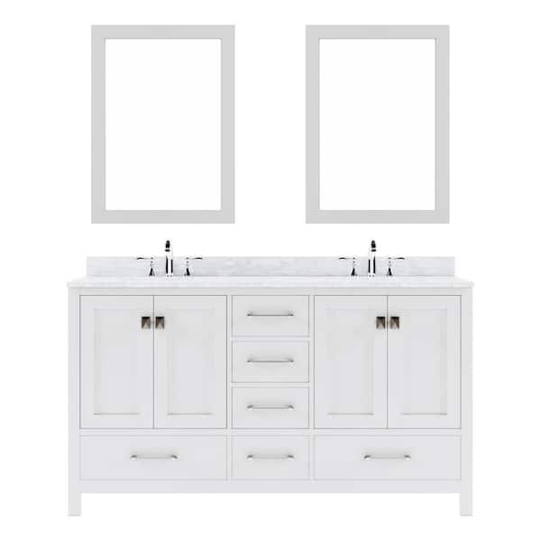 Virtu USA Caroline Avenue 60 in. W x 22 in. D x 34 in. H Double Sink Bath Vanity in White with Marble Top and Mirror