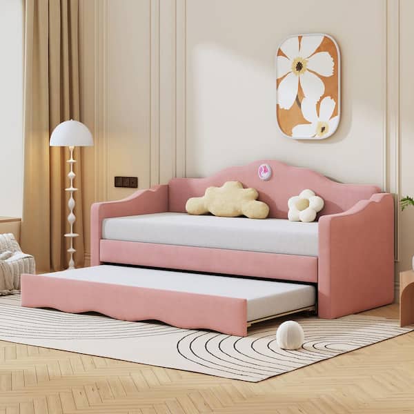Harper & Bright Designs Pink Twin Size Velvet Wave-Shaped Daybed with Trundle and Adorable Bunny Pattern